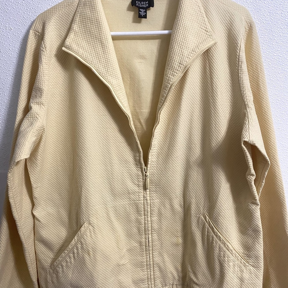 Eileen Fisher Jacket L yellow waffle knit lined  Front zip light weight